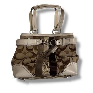Coach Hamptons Large Signature Leather Trim Python Stripe Hobo Handbag Brown